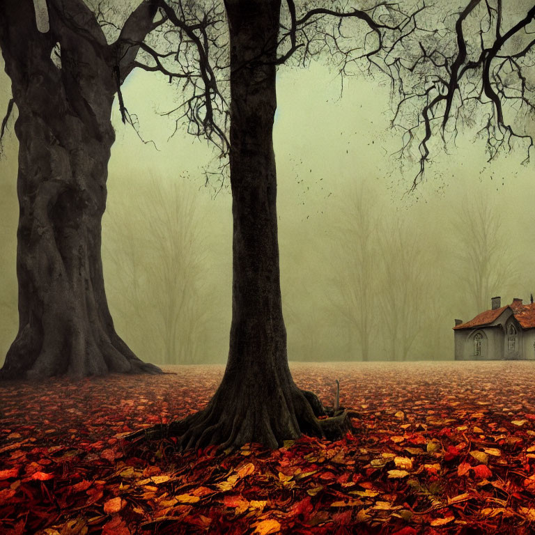 Bare trees, fallen leaves, small house in foggy autumn scene