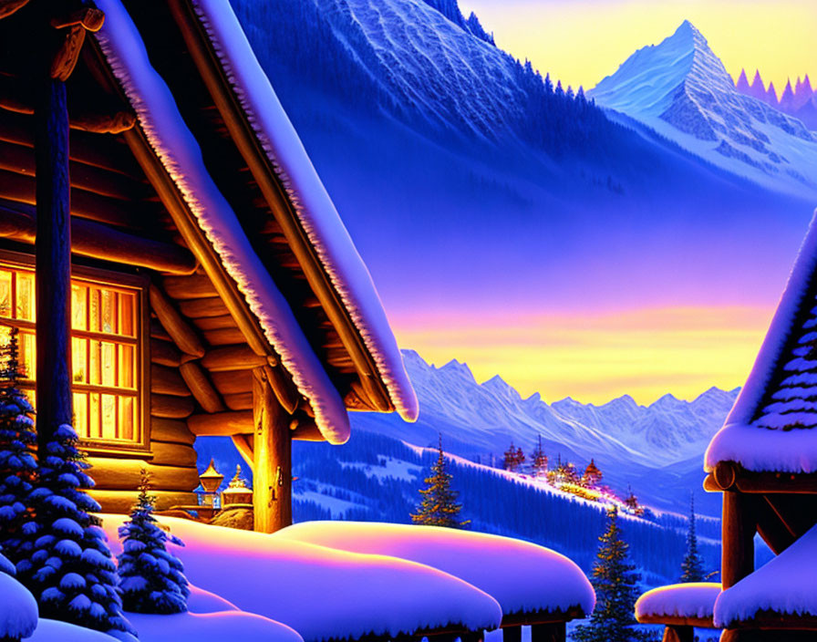 Twilight snow-covered cabins with warm glowing windows, purple mountains, sunset sky