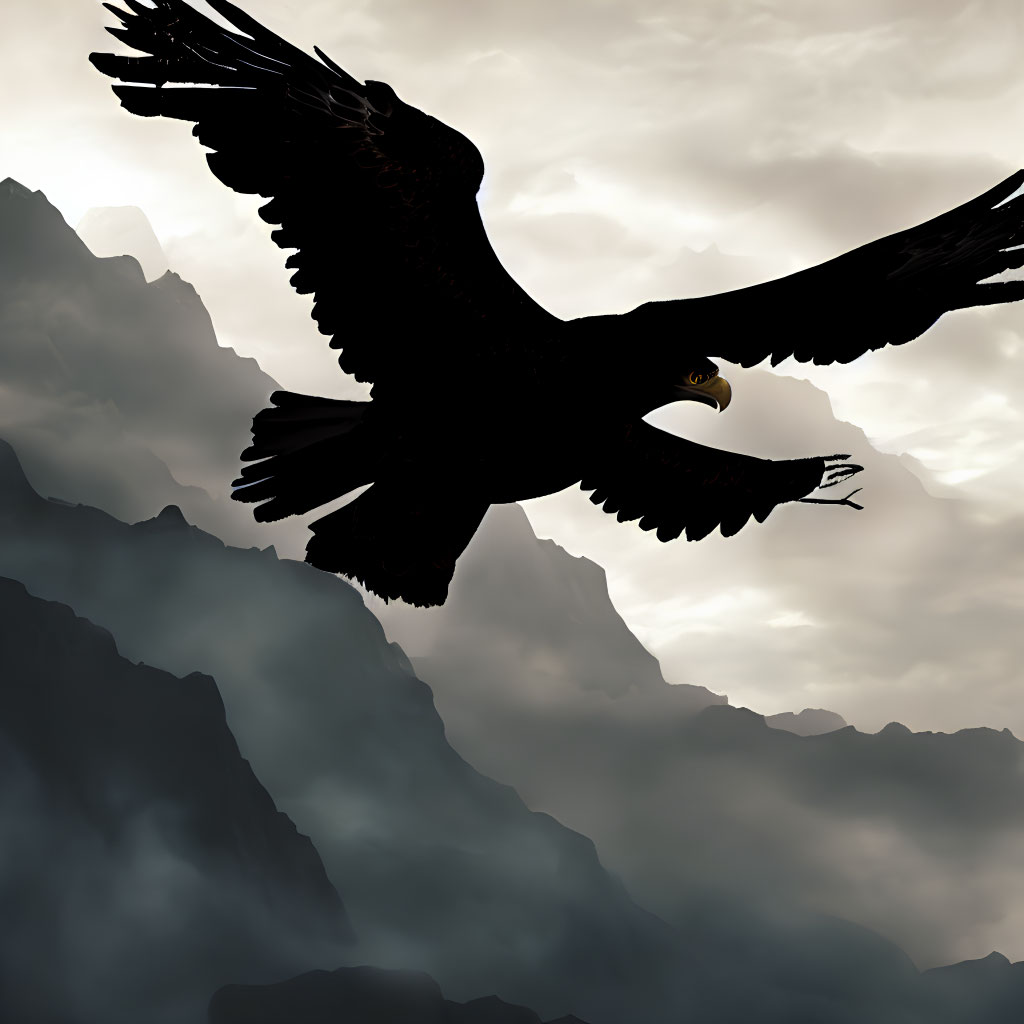 Eagle silhouette flying over misty mountains and cloudy sky
