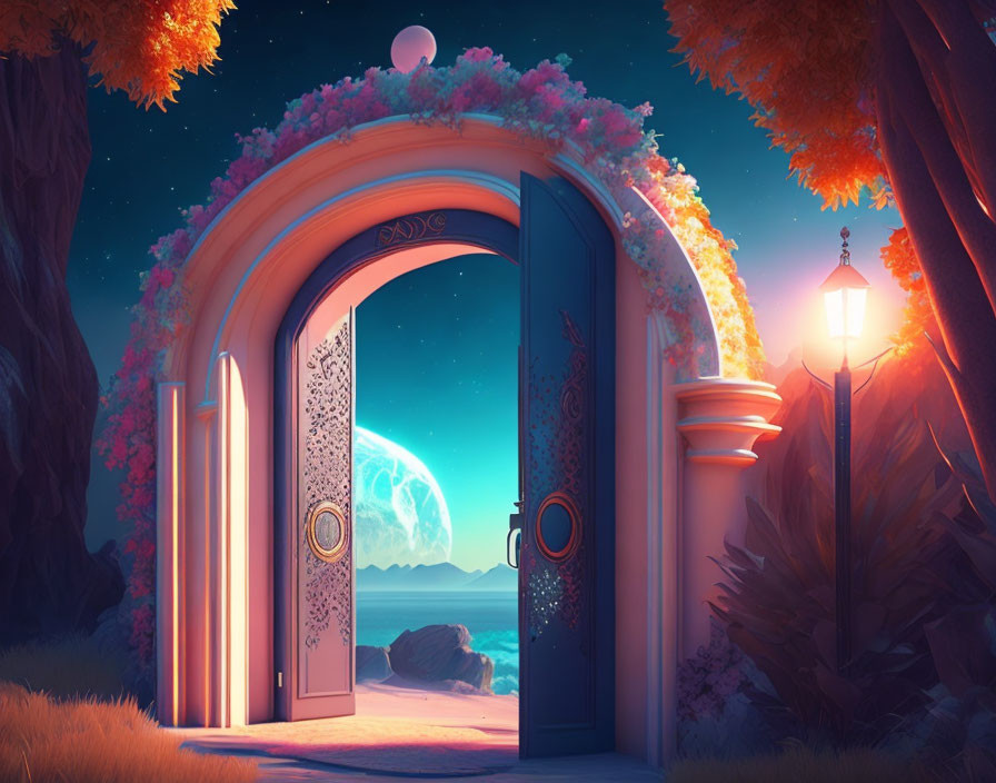 Ornate Door Opens to Serene Twilight Landscape