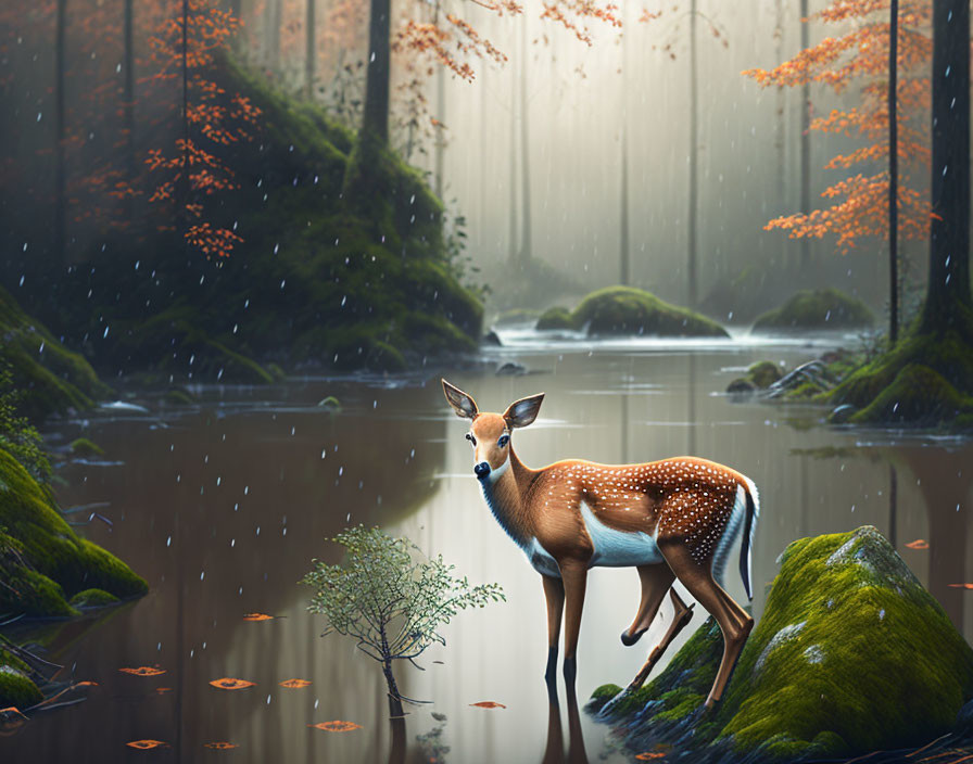 Autumn forest scene with deer by pond in rain