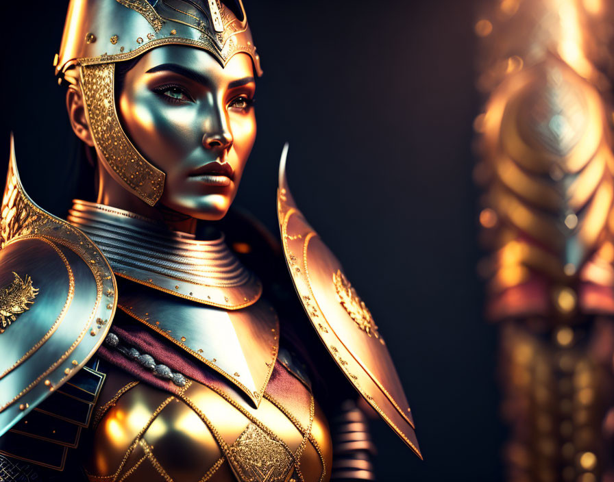 Female warrior in ornate golden armor with intricate designs on dark background