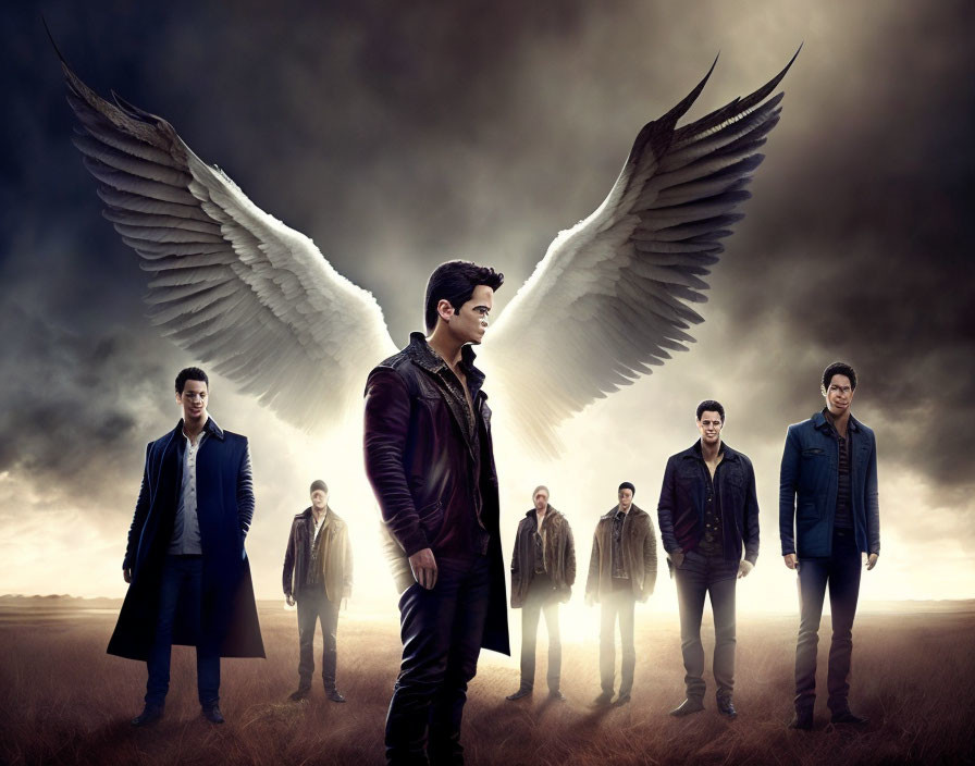 Man with angelic wings surrounded by multiple versions without wings in twilight sky