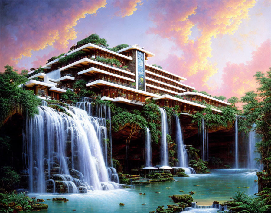 Multi-tiered Building Over Waterfalls in Lush Setting at Sunset