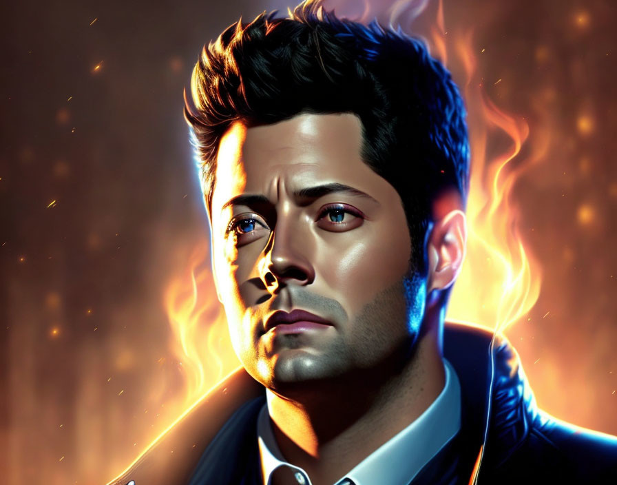 Digital artwork of a man in a suit against fiery backdrop - intense and dramatic.