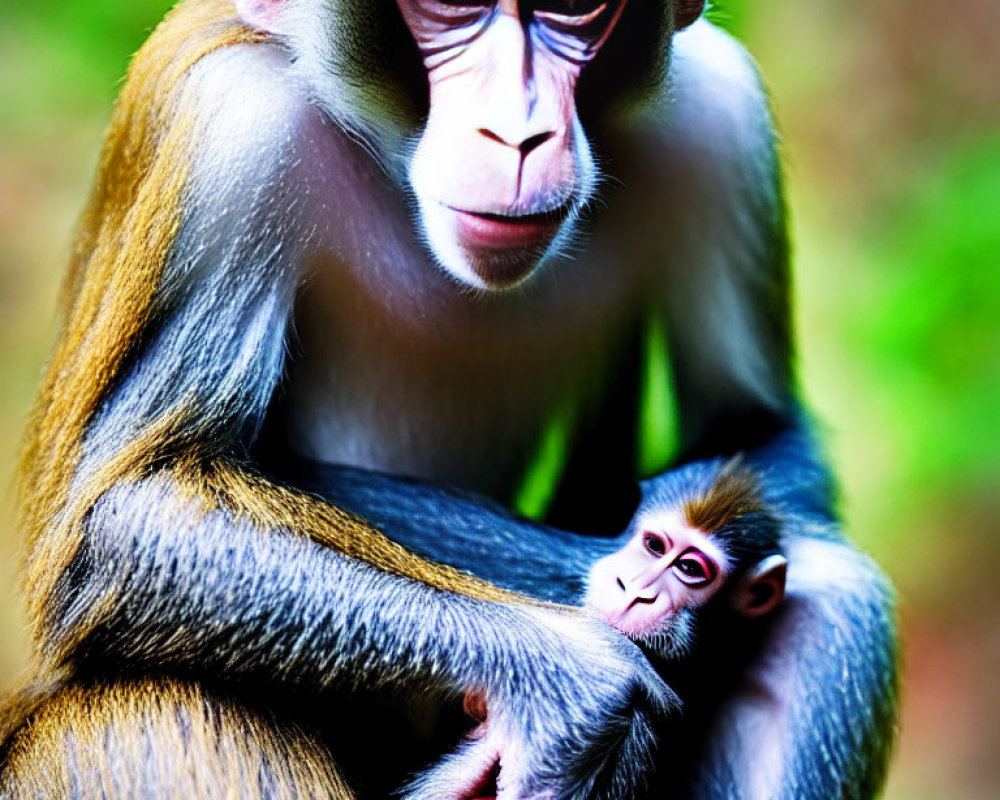 Mother mandrill holding colorful infant in protective embrace