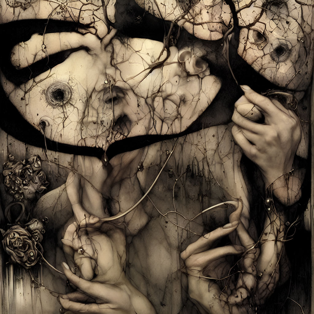 Sepia-Toned Surreal Artwork: Overlapping Faces and Delicate Branches