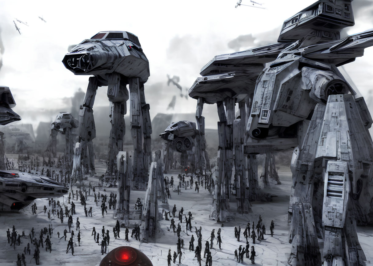Dystopian scene with large robotic walkers in war-torn landscape