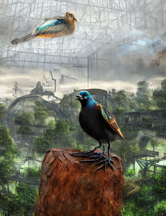 Colorful bird on stump in surreal industrial forest with looping tracks.