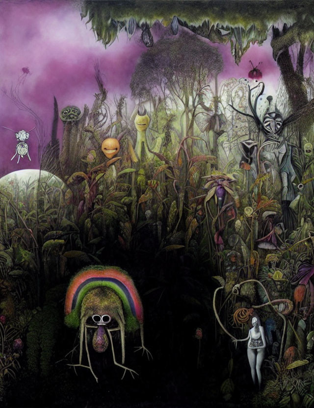 Colorful surreal forest scene with fantasy creatures and humanoid figure in vibrant flora, rainbow, and purple sky