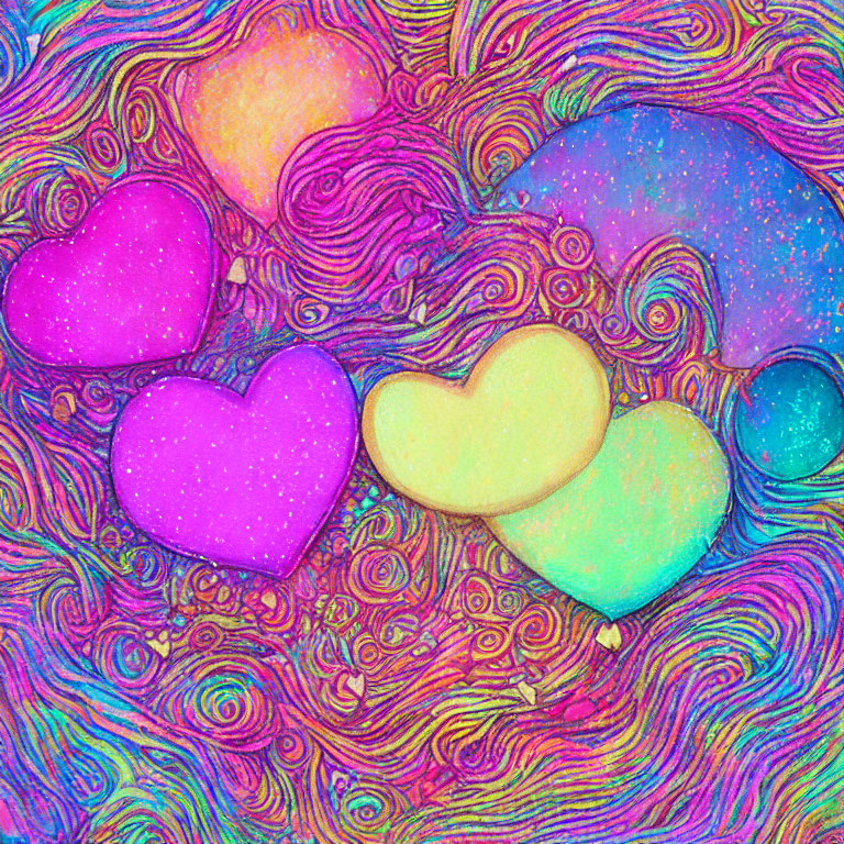 Colorful Psychedelic Artwork with Swirling Patterns and Heart Shapes