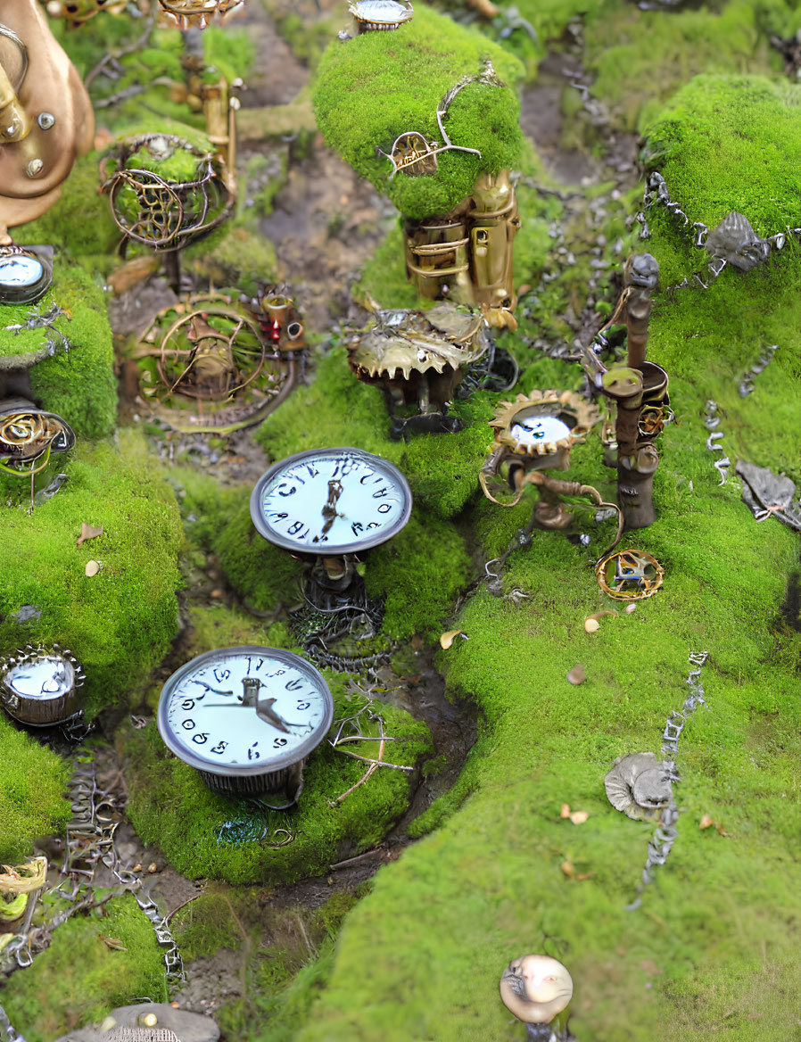 Miniature steampunk landscape with moss-covered hills and metallic structures