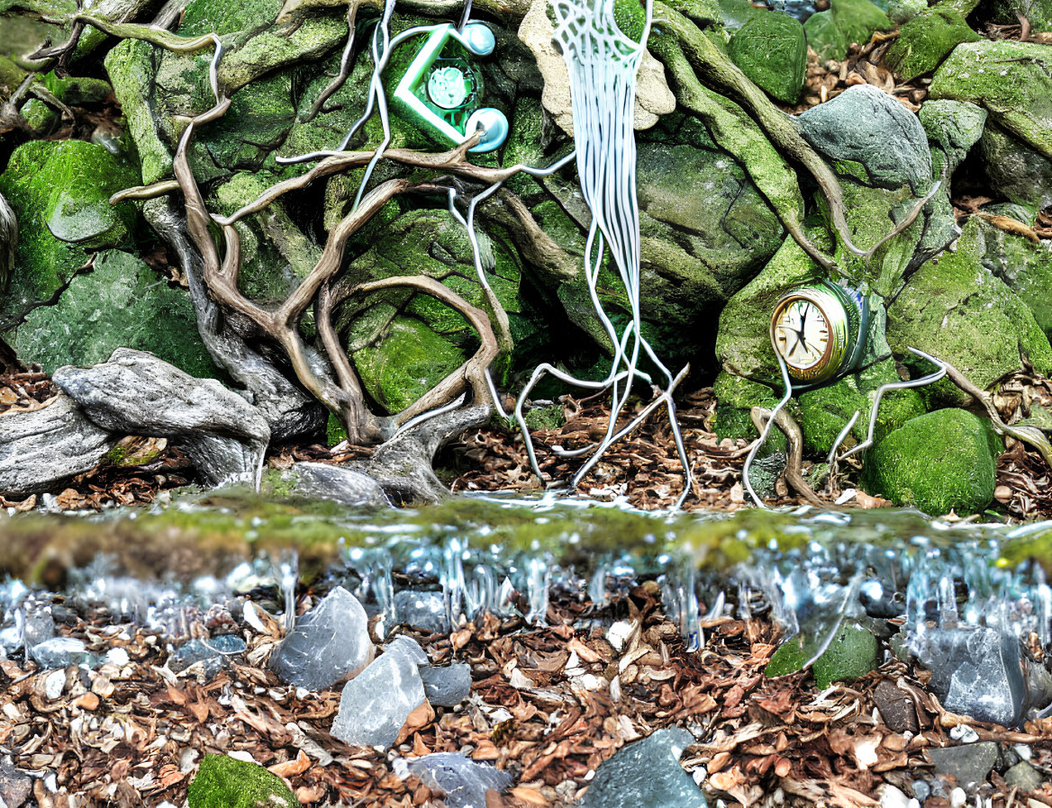 Surreal scene: melting clocks, rocks, tree roots