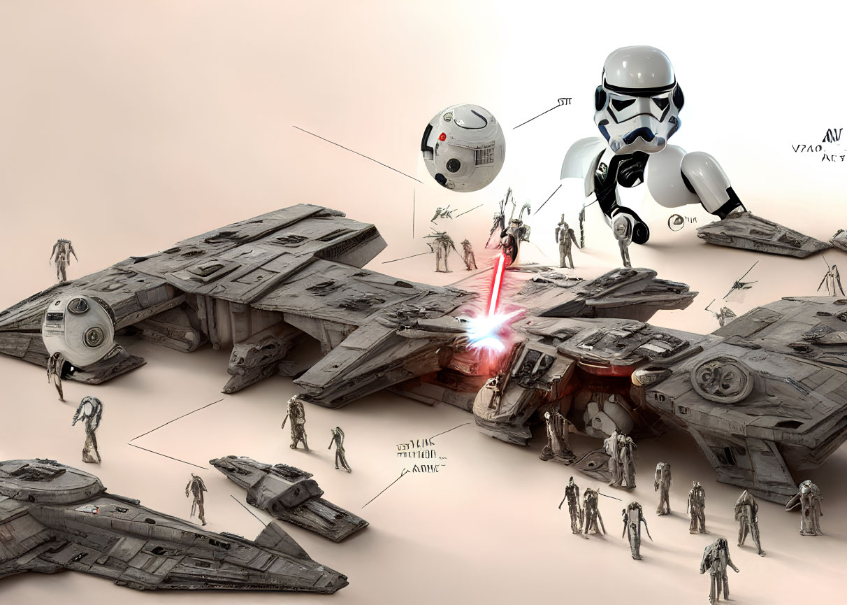 Stormtrooper surrounded by Star Wars vehicles, characters, and lightsaber scene