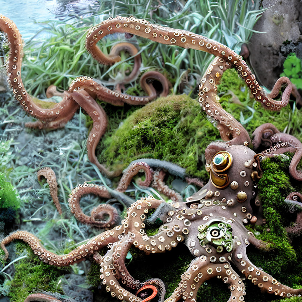 Steampunk octopus with mechanical gears in underwater scene