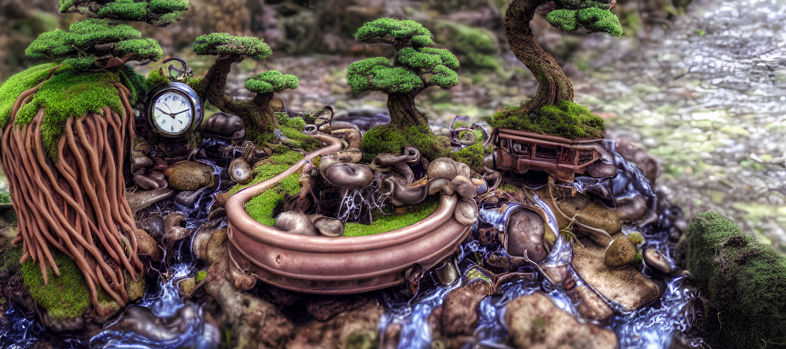 Miniature landscape with bonsai trees, train, bridge, figures, vintage clock, and water backdrop