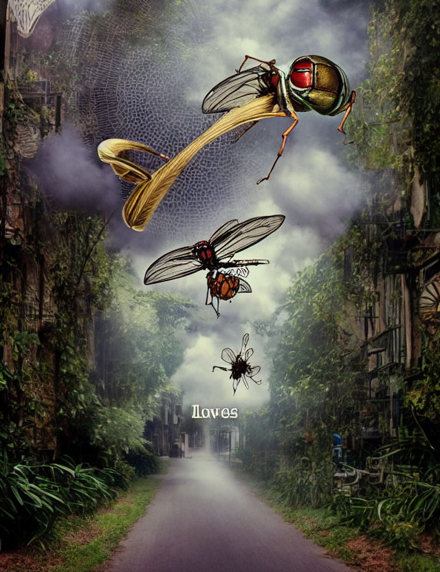 Illustrated oversized mosquitoes in foggy street with overgrown buildings