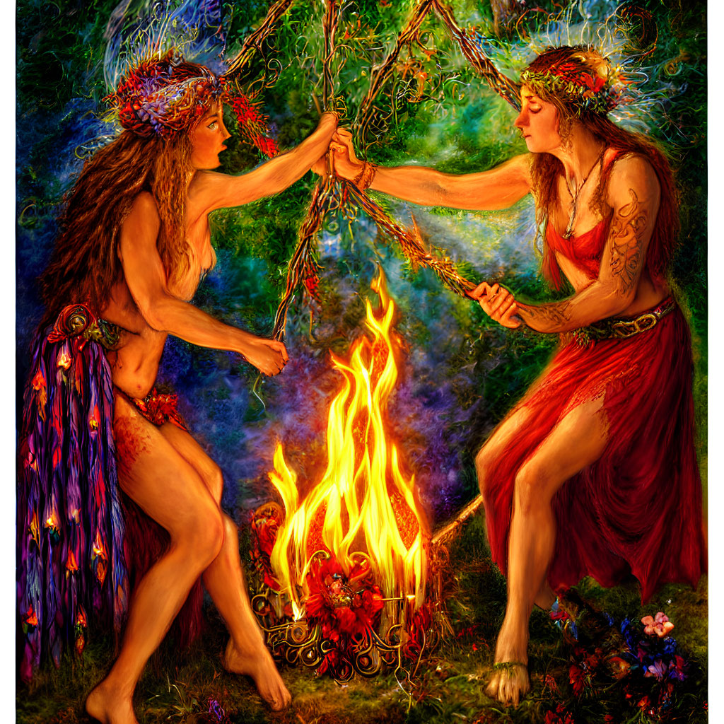 Ethereal figures in mystical ritual around vibrant fire