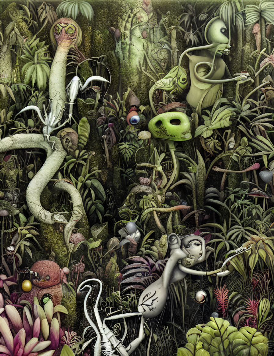 Colorful surreal artwork: anthropomorphic creatures in lush jungle