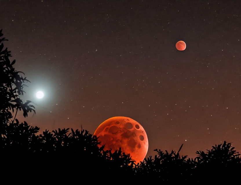 Bright Venus and red lunar eclipse in night sky with stars above silhouetted foliage
