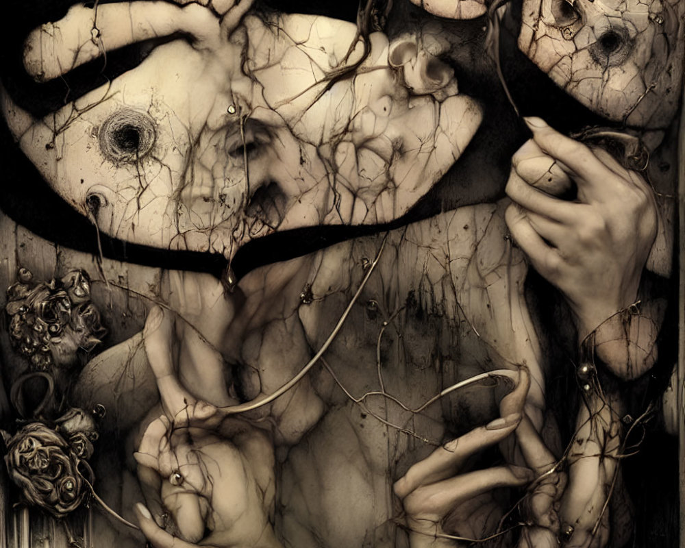 Sepia-Toned Surreal Artwork: Overlapping Faces and Delicate Branches