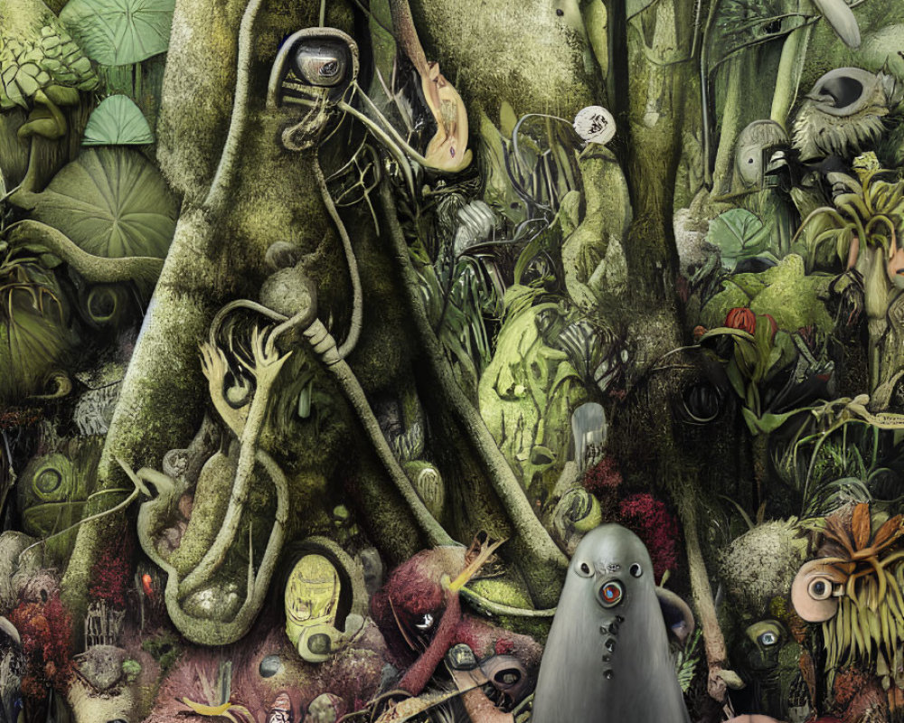 Surreal anthropomorphic forest illustration with eerie faces
