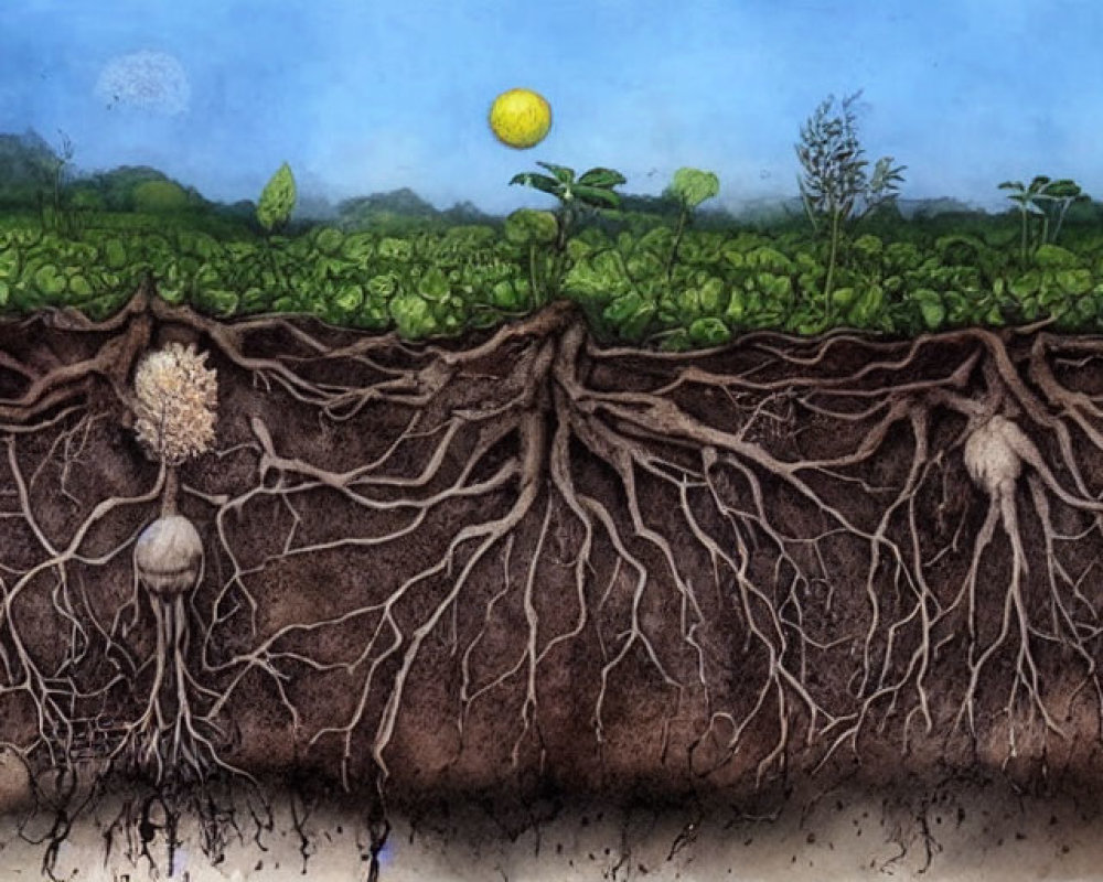 Cross-Section Illustration: Soil, Plants, Roots, Sun