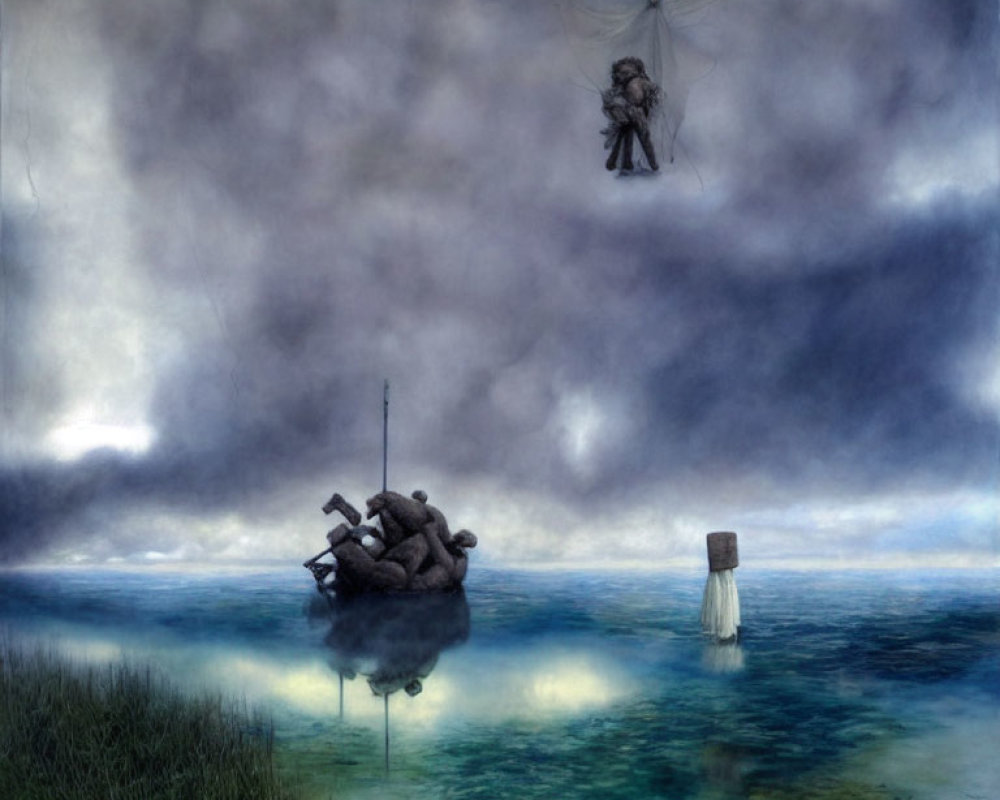 Surreal painting of man in human figure boat in misty seascape