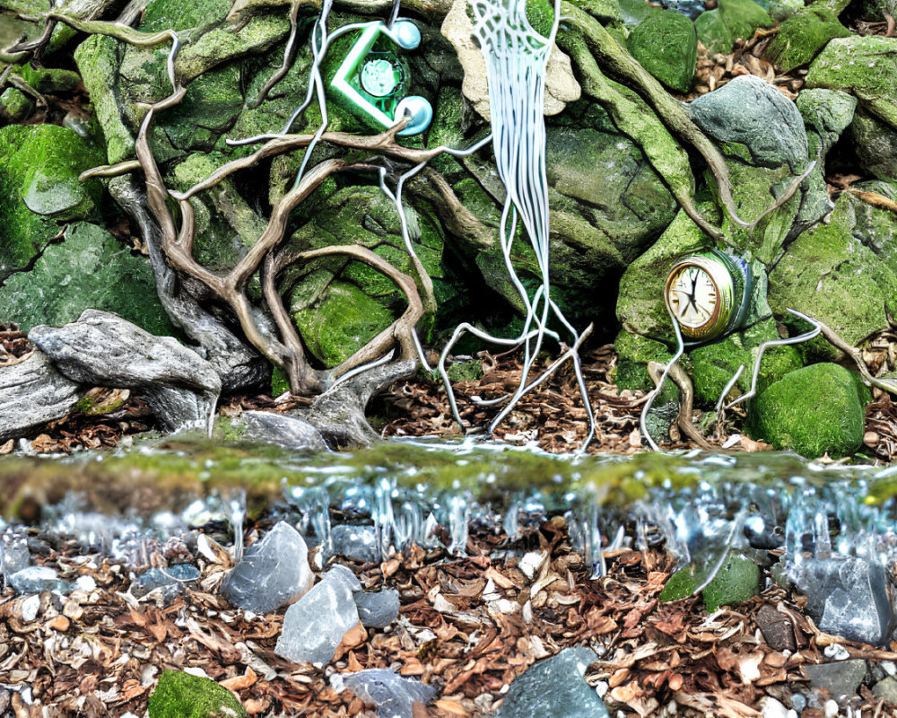 Surreal scene: melting clocks, rocks, tree roots