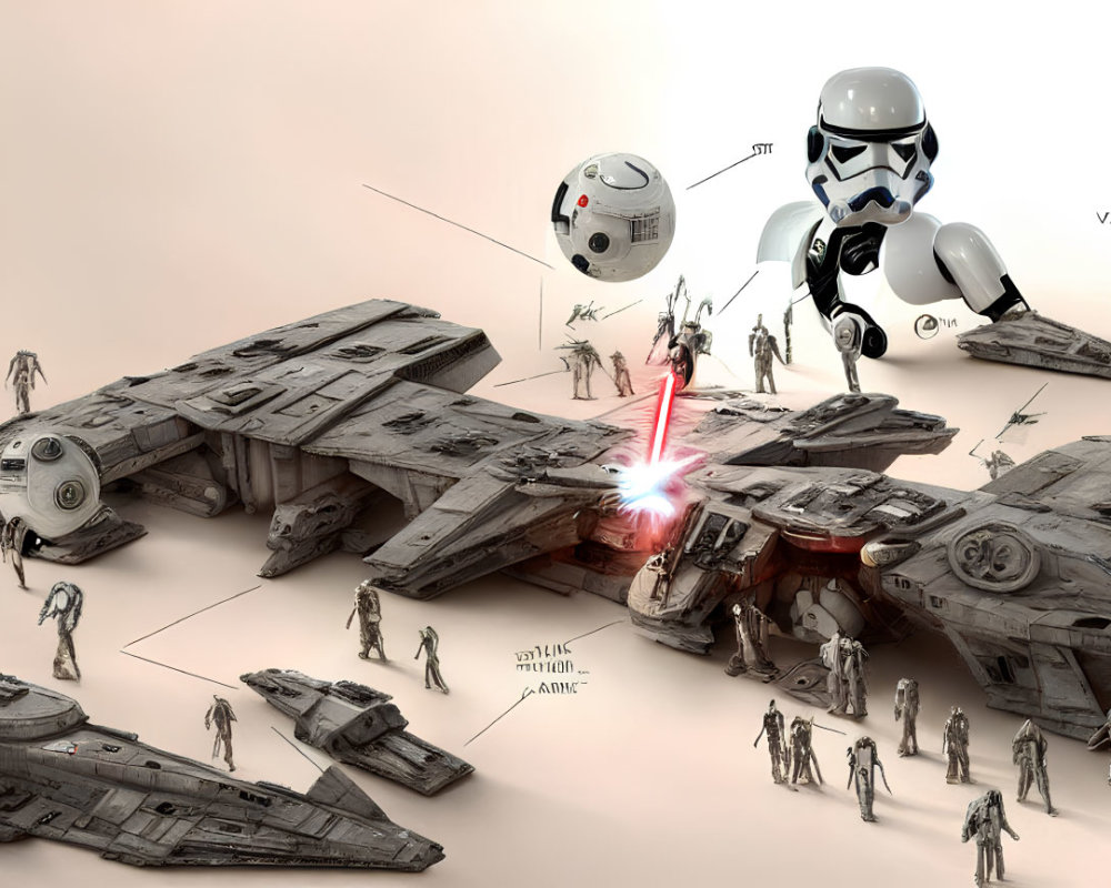 Stormtrooper surrounded by Star Wars vehicles, characters, and lightsaber scene