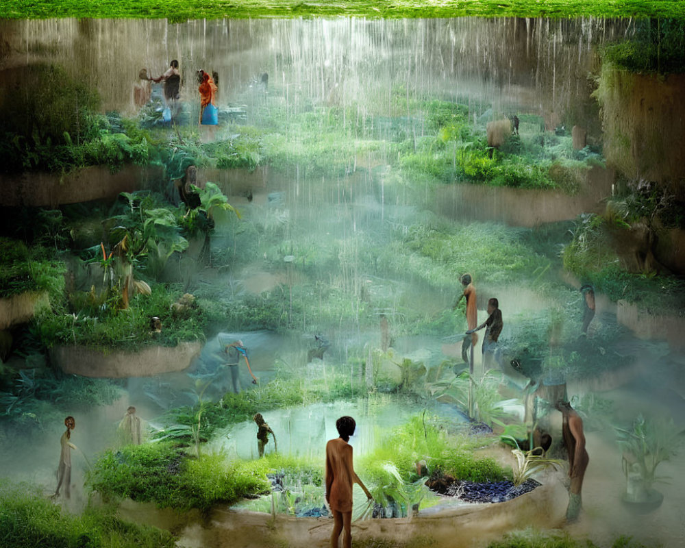 Composite Image of People in Lush Green Environment with Waterfalls