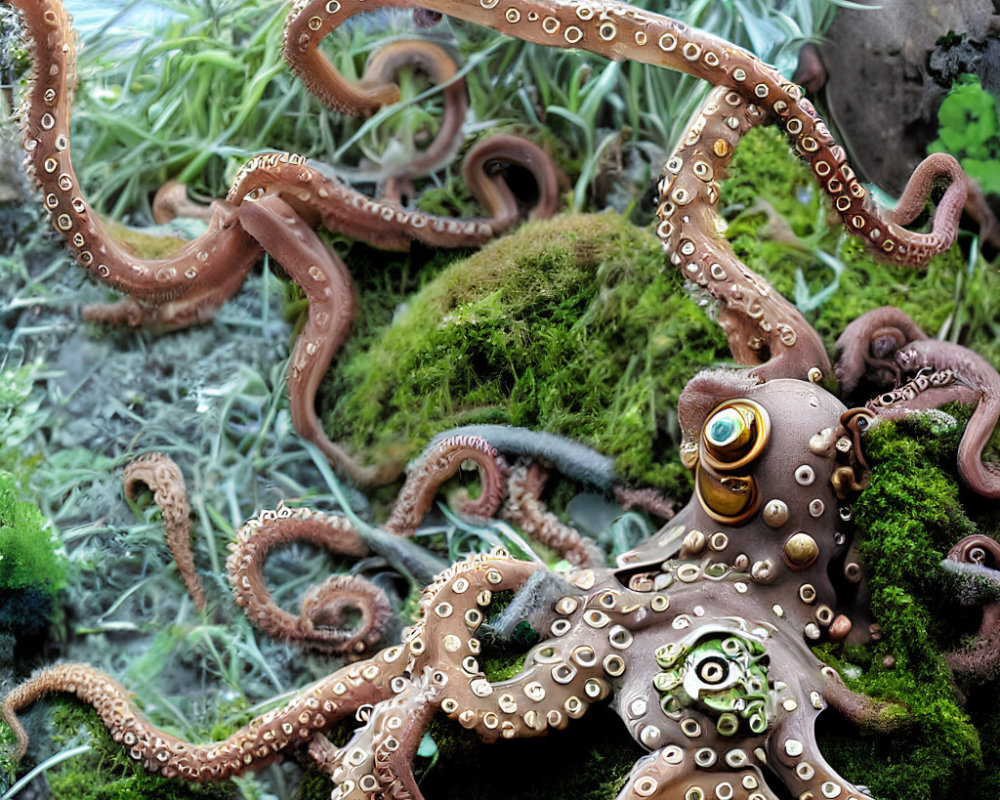 Steampunk octopus with mechanical gears in underwater scene
