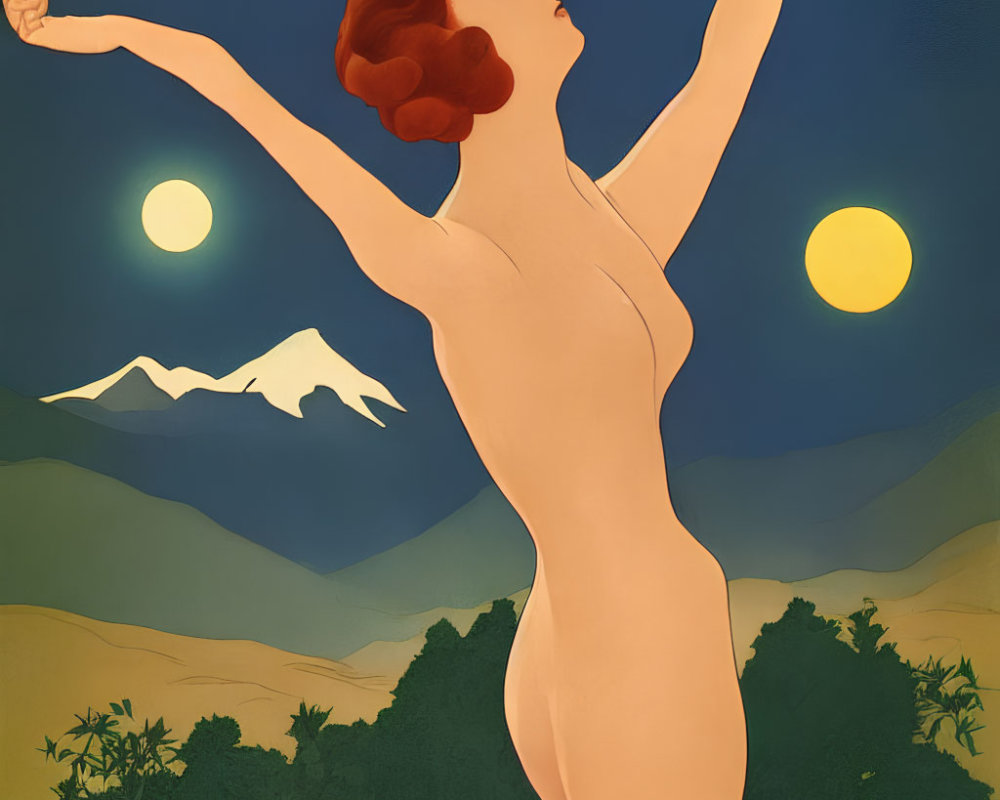 Art Deco Style Nude Woman with Red Hair Stretching Against Mountain Backdrop