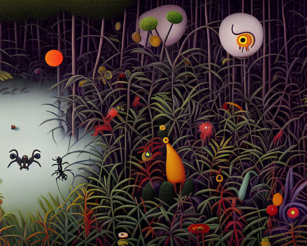 Vibrant Jungle with Whimsical Creatures and Glowing Orbs