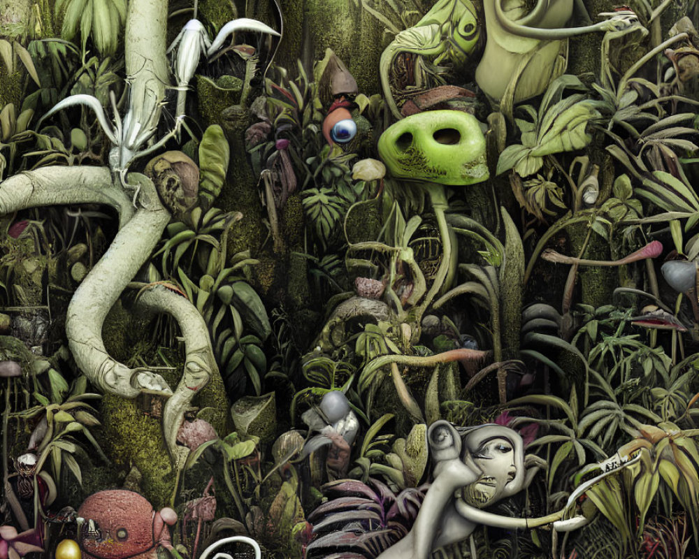 Colorful surreal artwork: anthropomorphic creatures in lush jungle
