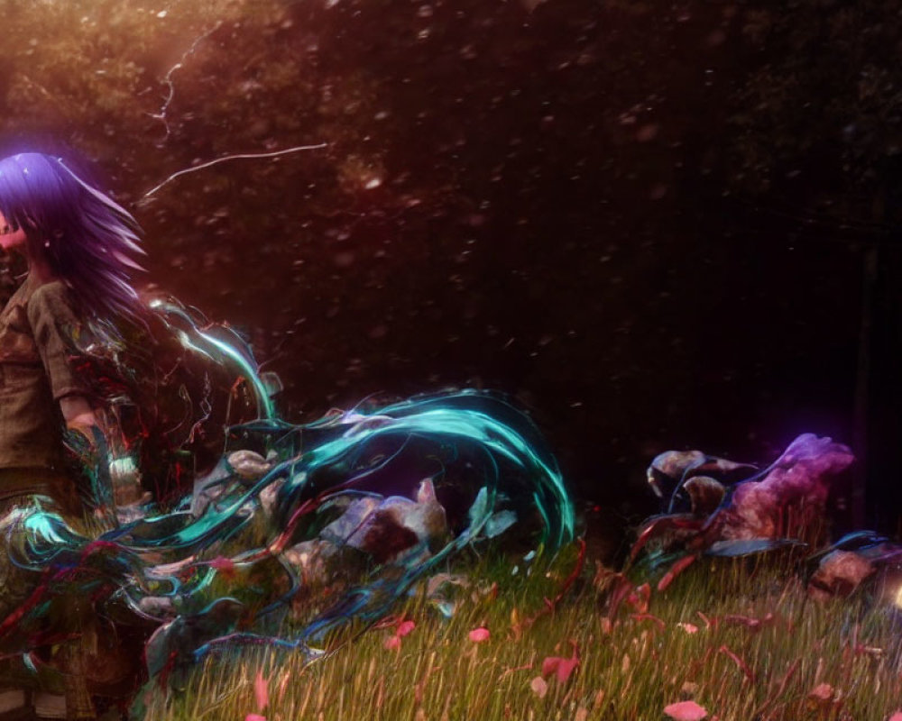 Purple-haired animated character in mystical forest with swirling lights and vibrant flora