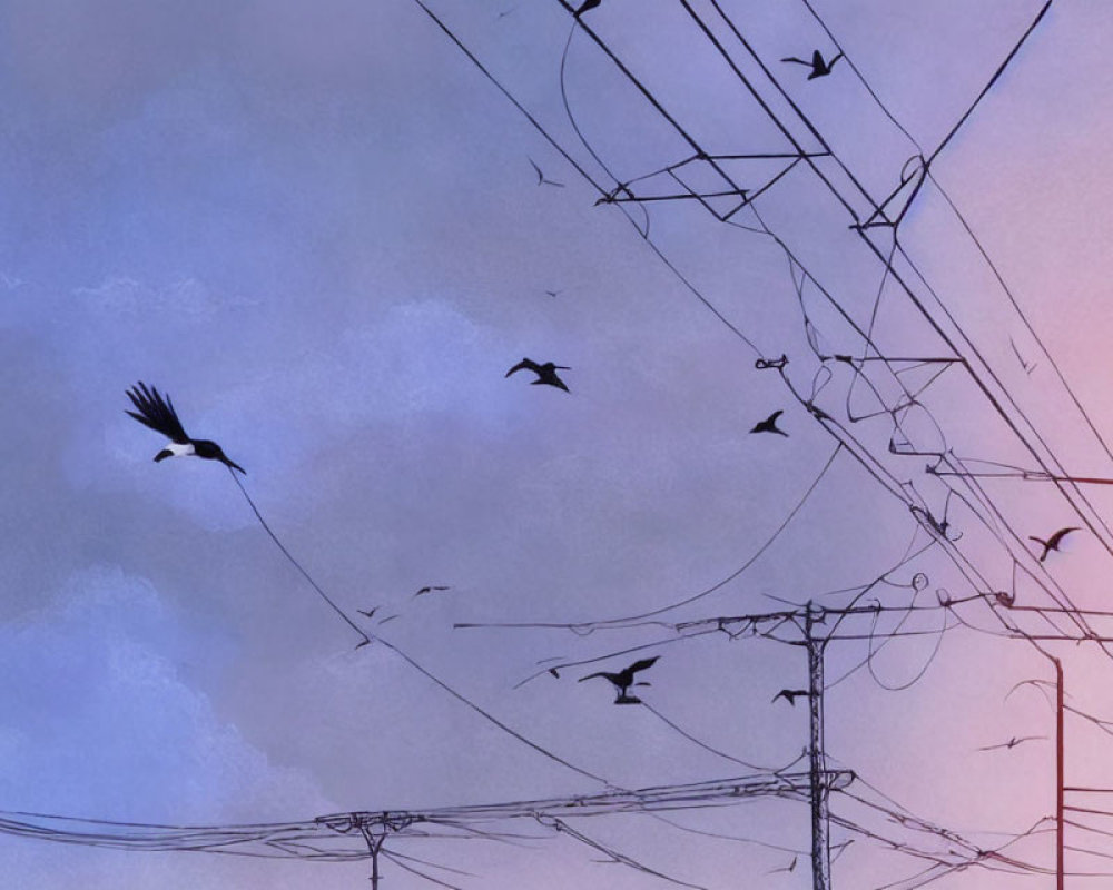 Bird Silhouettes on Power Lines in Twilight Sky