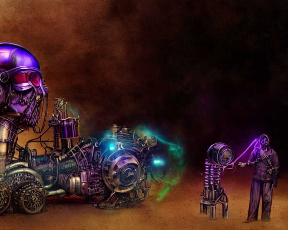 Futuristic robots in standoff with glowing purple eye in steampunk setting