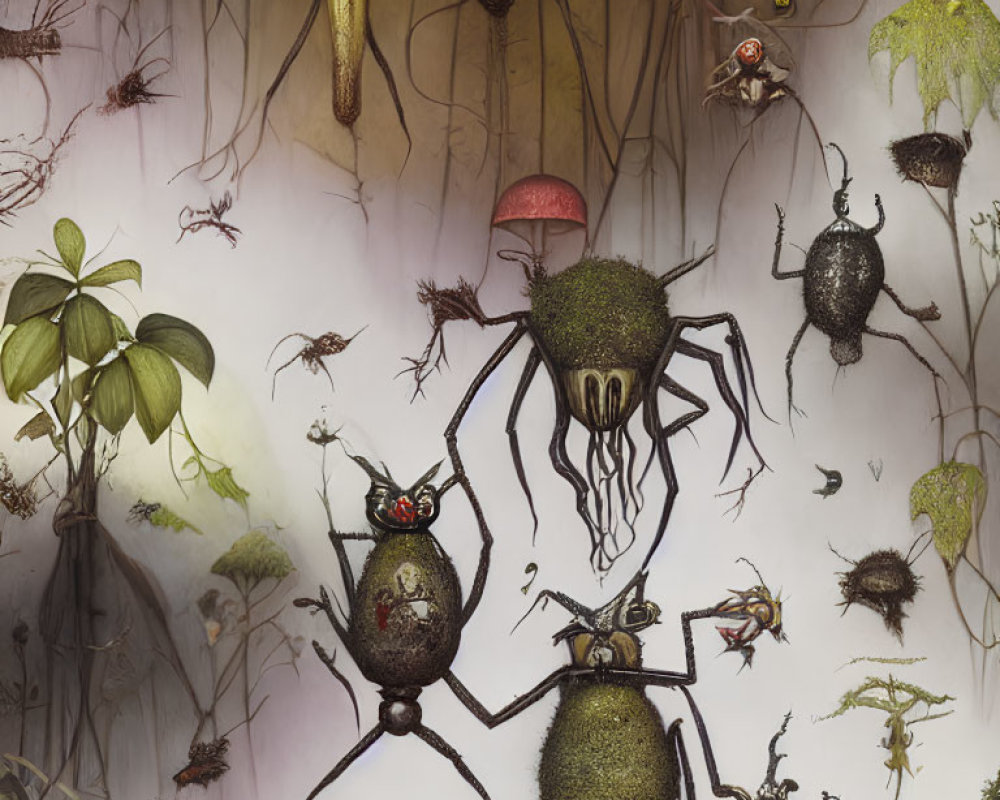 Surreal insectoid creatures and plants in dreamlike landscape
