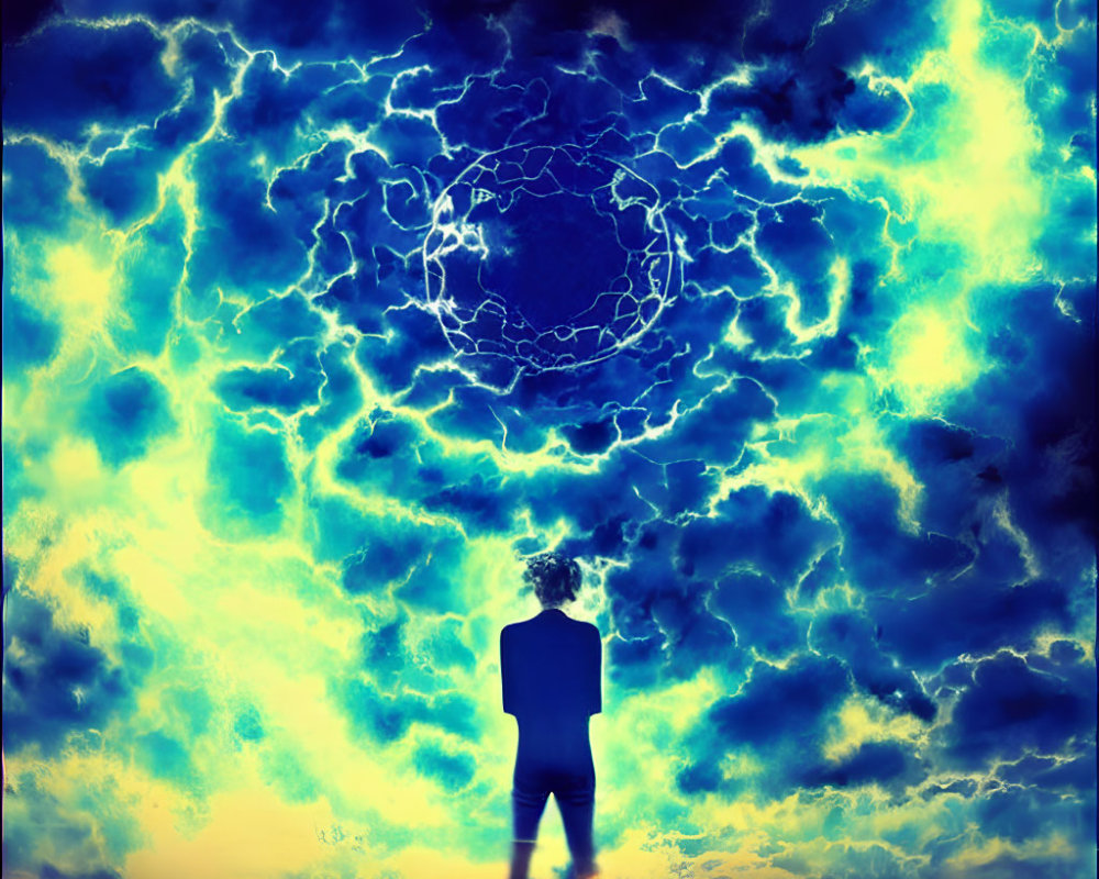 Silhouetted figure against vibrant stormy sky with electric blue vortex