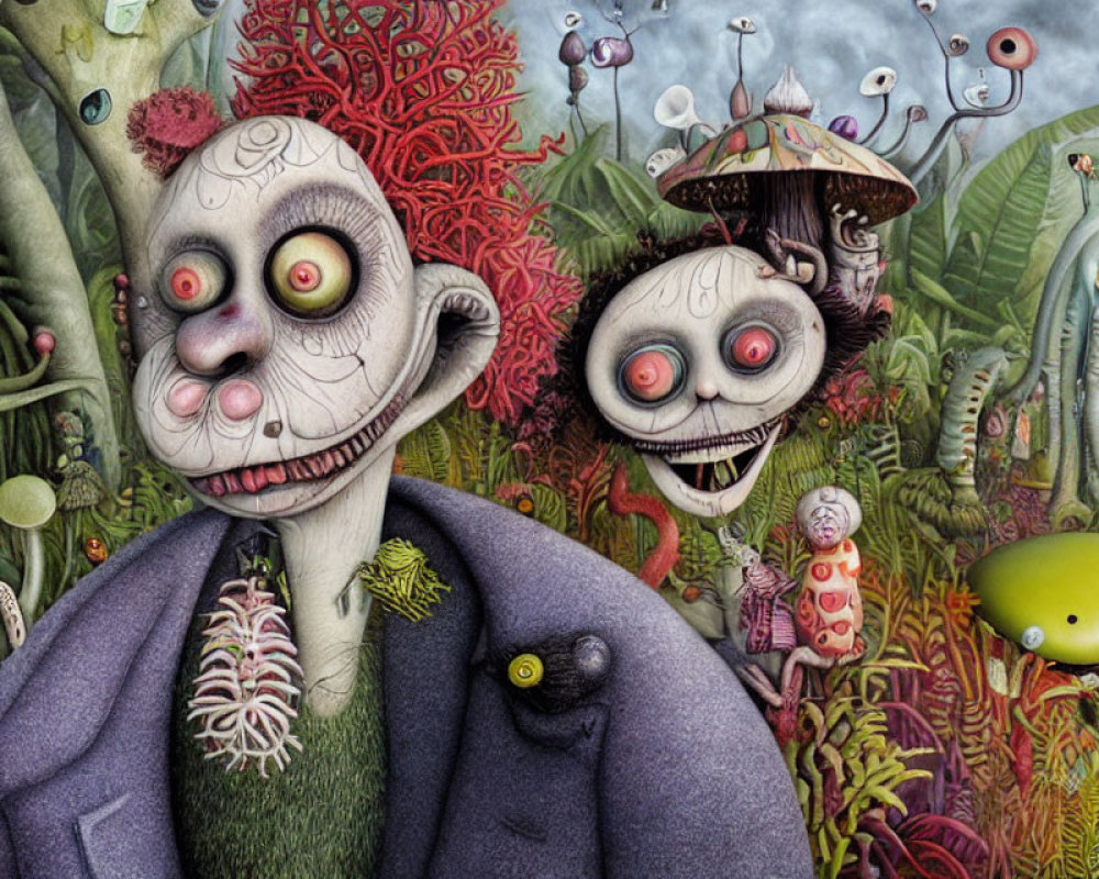 Whimsical surreal artwork with exaggerated characters in fantastical setting