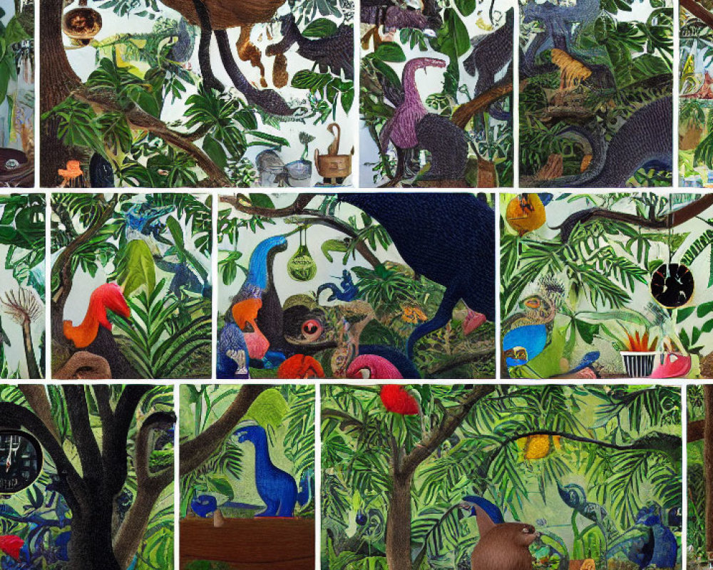 Colorful Jungle Scenes with Exotic Animals and Lush Foliage
