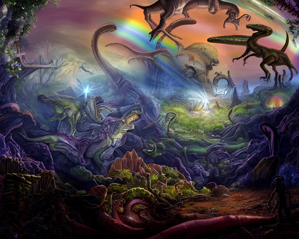 Vibrant prehistoric dinosaur scene with alien-like vegetation