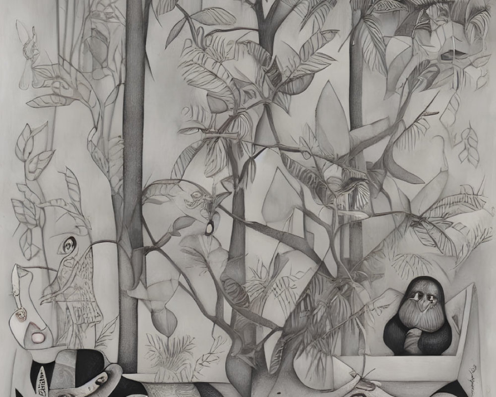 Surreal forest scene with anthropomorphic creatures and sleeping woman in monochrome illustration