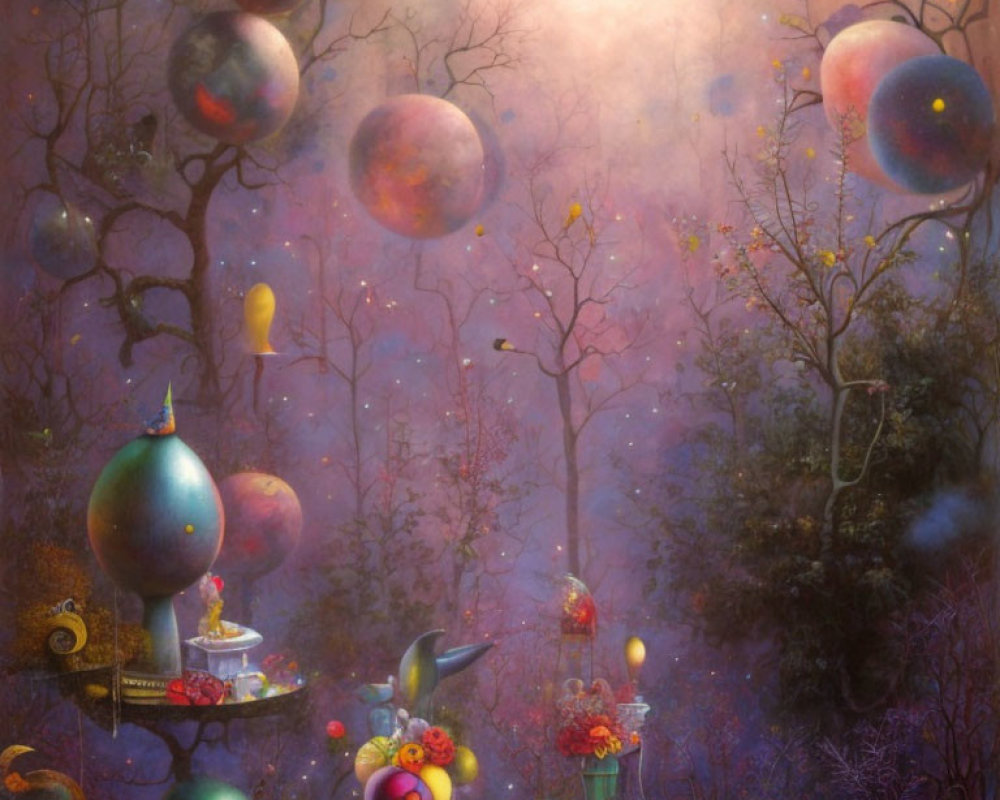 Colorful Forest with Floating Spheres and Tea Tray in Dreamy Sky