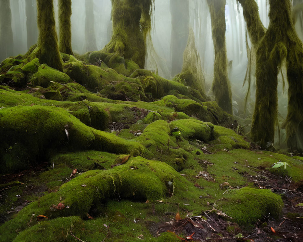 Enchanting misty forest with moss-covered trees and swirling fog