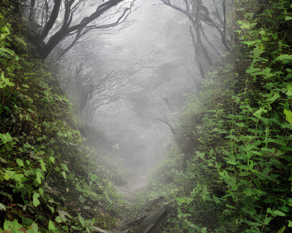 Foggy forest path with rocky steps and lush green foliage