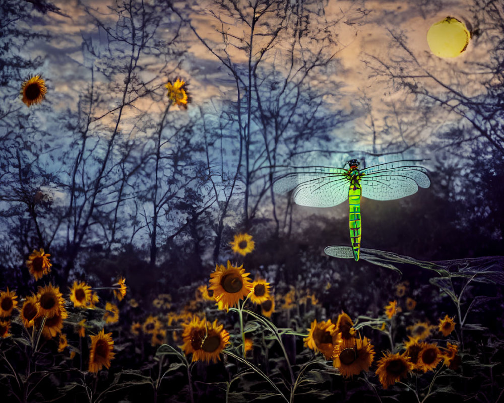 Dragonfly hovering over sunflowers in moonlit field