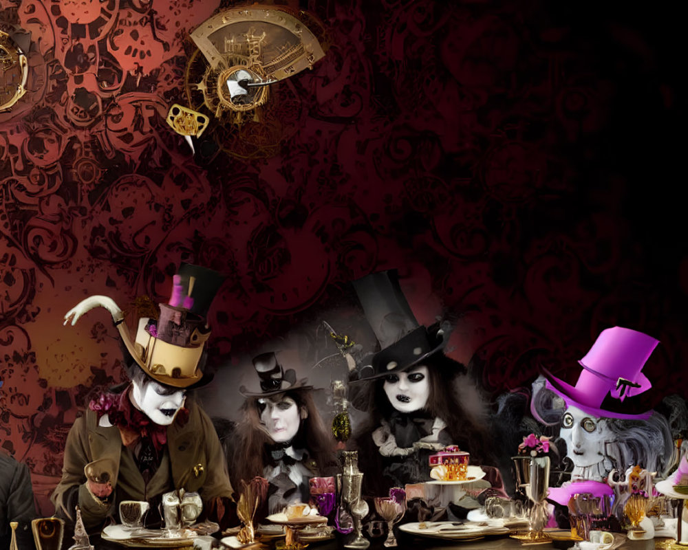 Dark Gothic-Style Tea Party Illustration with Eccentric Characters and Floating Clocks