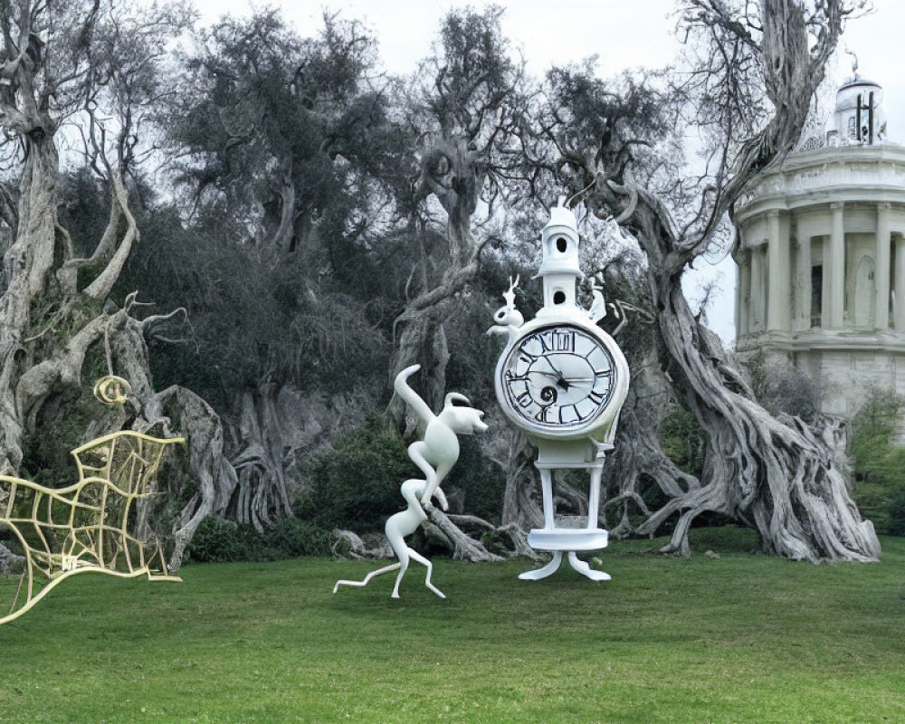 Abstract white human figure sculpture with ornate clock and gold wire-frame deer in park setting